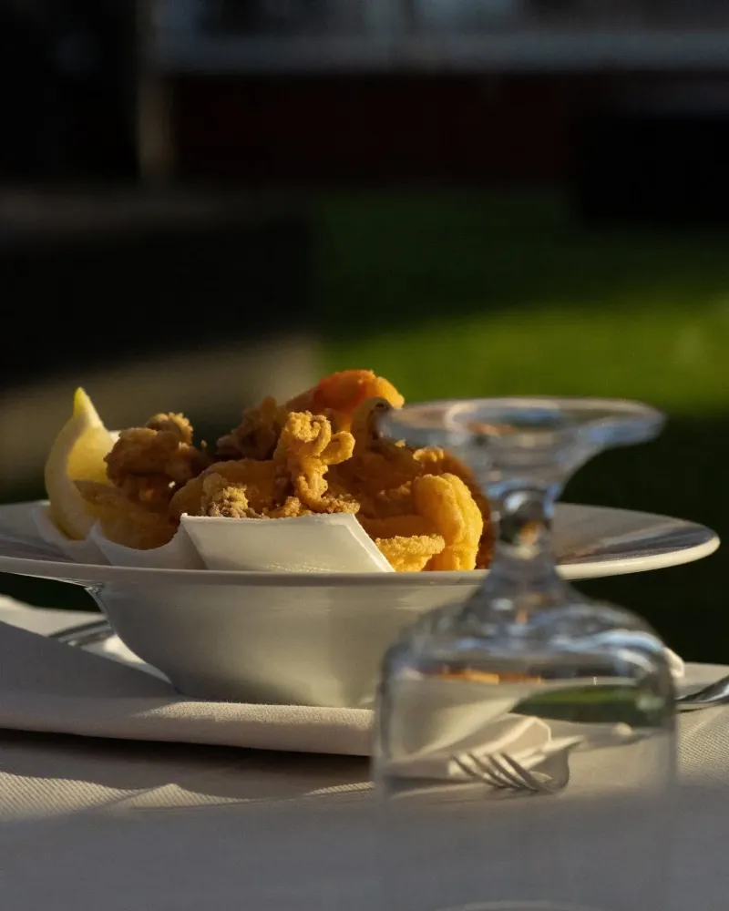 Frittura di calamari e gamberi servita in giardino